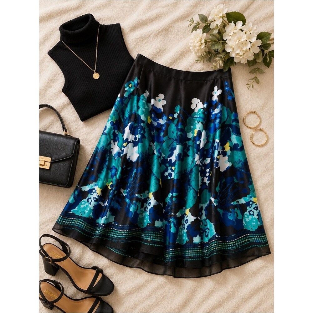 Alfani SILK Floral A-Line Skirt 6P Lined Blue Black Green Y2K Fairycore Mermaid